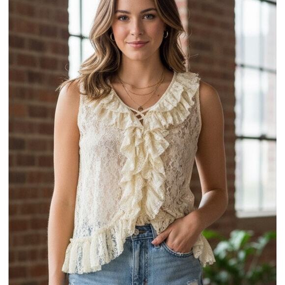 Forever 21 Tops - Forever 21 Cream Colored Lace Ruffle Front Sheer Blouse